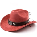 Detail of reddish-brown suede cowboy hat featuring leather band and eagle metal buckle - M (56-58cm) / Brick Red