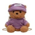Cute brown plush teddy bear crossbody bag wearing a purple hoodie and cap with chain - Purple