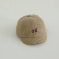 Beige corduroy baby baseball cap with short brim and red OK embroidery for infants - OK Letter / Khaki