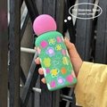 316 stainless steel green water bottle with colorful floral patterns and pink lid - 350ml / Pink Spherical Lid / Green Floral Design