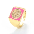 Adjustable gold signet ring with pink enamel face and sparkling diamond smiley face motif - Adjustable Open / Red