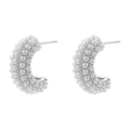 Detailed close-up of C-shaped pavé pearl earrings with silver-tone metal backing - White Gold C-Shape