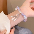 Elegant gradient pink and purple beaded bracelet with silver metal charms on wrist - Silver/Ruyi Lock Pendant