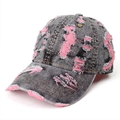 Detailed macro view of distressed gray denim baseball cap with pink frayed edges texture - Adjustable / Denim Black-Pink