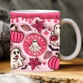 Pink ceramic Halloween mug with spooky ghost pumpkin relief and Spooky Vibes text - Pink