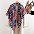 Detailed close-up of soft red and blue plaid scarf with classic fringe tassels - 200x90x130cm / Burgundy