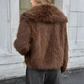 Women's brown faux fur short coat with a thick plush texture shown from the back - S / Brown