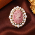 Vintage oval cameo portrait brooch with faux pearls and rhinestones for women coat decoration. - Pink