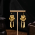 Ethnic peacock earrings in gold finish with vintage floral cutouts and tassel pendants - E1547-3 Vintage Flower Triple Tassel