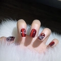 Handgefertigte burgunderrote Cat-Eye-Nägel zum Aufdrücken mit Perlen und Goldsternen - XS / Daumen 14mm-Zeigefinger 10mm-Mittelfinger 11mm-Ringfinger 10mm-Kleiner Finger 7mm / Rotes Weihnachten