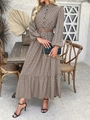 Elegante maxi-jurk met lange mouwen, geometrische print en bruine leren riem - S / Bruin Patroon