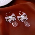 Close-up of vintage rhinestone drop earrings with pink resin on dark silk fabric - Pink Bow Earrings / 40# Ear Hook-Silver-Pink
