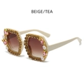 Luxury beige square sunglasses with crystal rhinestones and floral decoration - Beige/Tea