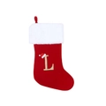 Large red Christmas stocking with white faux fur trim and gold glitter letter L detail - Letter L