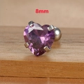 Macro shot of 8mm purple heart-shaped zircon stud earring with polished titanium steel post - 8mm Silver Tone Purple Style (E1611)