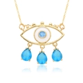 Detail of gold evil eye necklace with blue zircon stones and white enamel drops - Gold Teardrop Dark Blue Main Stone Style (g020)