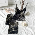 Elegant black satin camisole and pants set with white floral print for women's sleepwear - S / Black Cherry