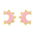 Chic 18K gold plated pink enamel crescent moon stud earrings with gold bead accents - Pink