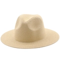 Close-up of beige woven straw Fedora hat showing detailed texture and classic pinched crown - Beige