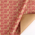 Brown kraft wrapping paper with red Happy Birthday print on a textured paper roll - 50x70cm / Red
