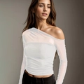 Elegant white long sleeve off-shoulder top featuring sheer mesh patchwork design - S / Off-white