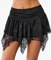 Short black lace mini skirt with layered asymmetrical hem and sheer crochet texture - S / Black