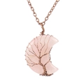 Macro detail of rose quartz moon pendant with copper wire-wrapped tree of life design - Antique Copper + Rose Quartz (Small)
