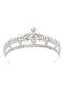 Macro detail of silver bridal tiara featuring leaf-shaped crystals and rhinestone setting - HG1421 Silver Base White Rhinestone + White Glass