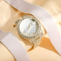 Elegant gold-tone watch with full crystal pavé, Roman numerals, and date calendar display - Gold Steel Strap White Dial