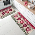 Set di due tappeti da cucina per San Valentino con motivi a cuore e fiocchi in cucina - Stile Pianta Cuore Toni Rosa / Tappeto Grande e Tappeto Piccolo