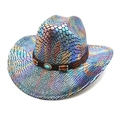 Holographic snake skin western cowboy hat with turquoise beaded band on white background - Black