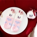 Pink and white fuzzy coral fleece socks with 3D bunny ears and a bow in a gift box - Kids Size (Without Ball) / Pink Rabbit