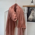 Detail view of dusty pink linen scarf with vertical French lace trim and soft texture - Orange Red