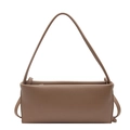 Minimalist caramel brown leather baguette shoulder bag with slim strap on white background - Khaki