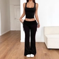 Women's black ribbed square neck tank top and flared trousers set with drawstring waist - S / Black