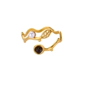 Dettaglio anello a foglia dorato con perla bianca e perla di marmo nero su fascia ondulata - Stile Foglia Perlina Nera Perla Dorato (G11207261G-3)
