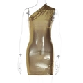 Sleek metallic gold one-shoulder bodycon mini dress with liquid-like shiny finish - S / Gold