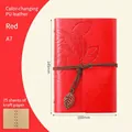 A7 red PU leather vintage binder notebook with leaf embossing and metal pendant - Red / A7