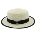 Cappello di paglia a corona piatta con fiocco nero e bordo a contrasto per la spiaggia - crema / M (56-58cm)