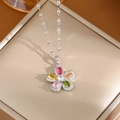 Silver flower necklace with multicolor zircon petals on elegant gold display box - A0115 Silver Colorful CZ Five-petal Flower