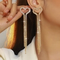 Sparkling gold heart long tassel earrings with rhinestones shown on a model - Gold Heart Colorful Tassel Style (DTE1816404GL-WAB)