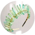 Macro view of green iridescent crystal crown with gold wire wrapping detail - Green + Gold Wire Gold Headband