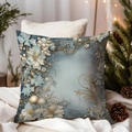 Square light blue Christmas pillow cover with elegant floral and gold scroll patterns - TQDS68-27(Heat Transfer Winter Floral)