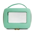 Mint green cosmetic travel case with transparent window and dual gold zippers on white background - Handbag Style / Aqua Green