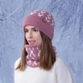 Winter knit hat and neck warmer set for women in pink purple floral jacquard pattern - Leather Purple