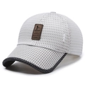 Breathable white mesh baseball cap with grey brim accents and brown leather EDIKO patch - Coffee Label / Beige
