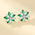Exquisite flower stud earrings with green and white gems in a silver-toned setting - Emerald Green