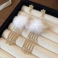 Detail of snowflake earrings with fluffy white fur balls and sparkling rhinestone tassels - 17# Rhinestone Snowflake Plush Ball Tassel Studs