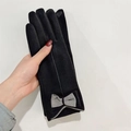Guantes de invierno de ante negro para mujer con lazo gris y función táctil suave - Negro