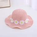Pink straw sun hat for girls featuring white daisy embroidery and wavy brim design - Daisy / Circumference 50-53cm / Pink